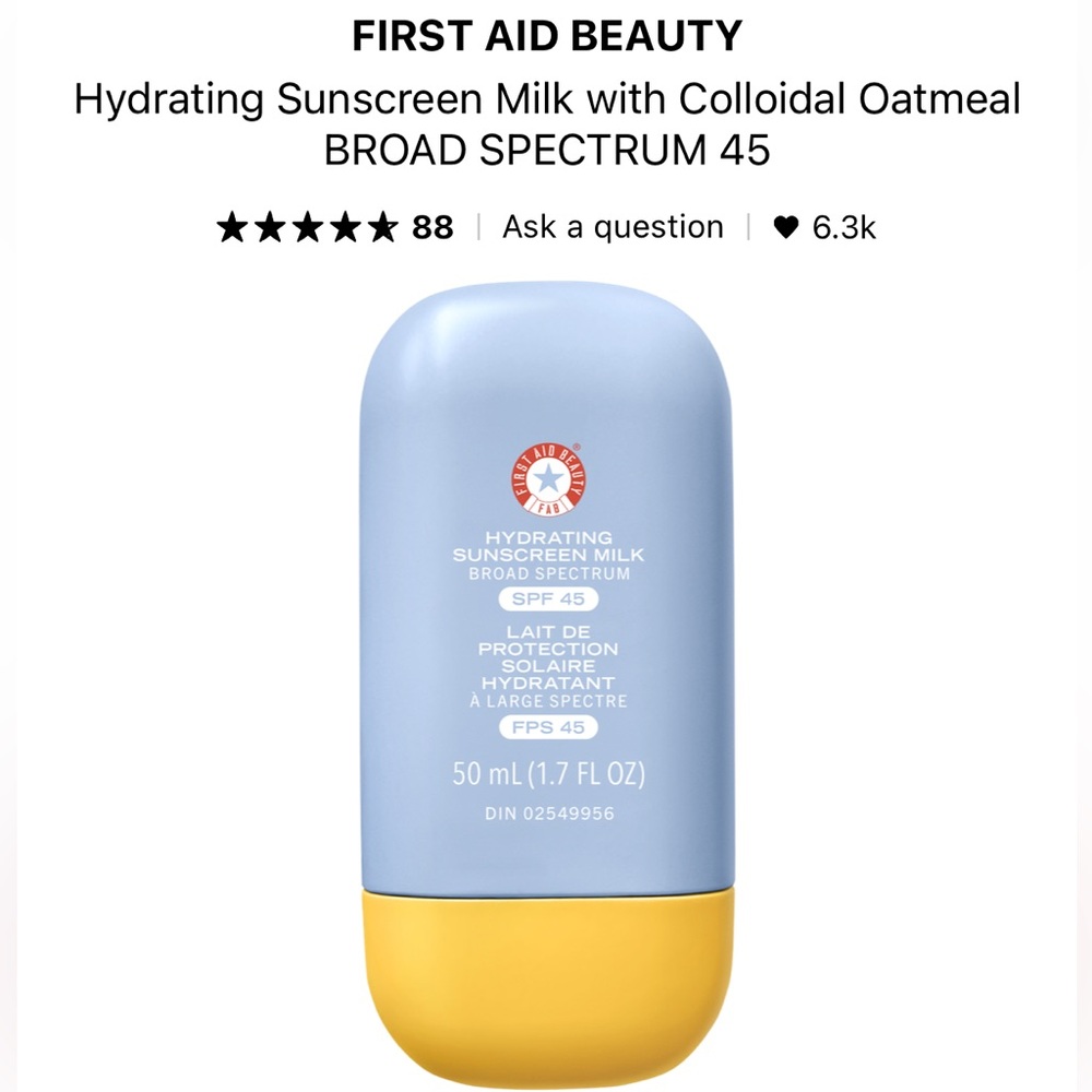FIRST AID BEAUTY Hydrating Sunscreen Milk BROAD SPECTRUM 45